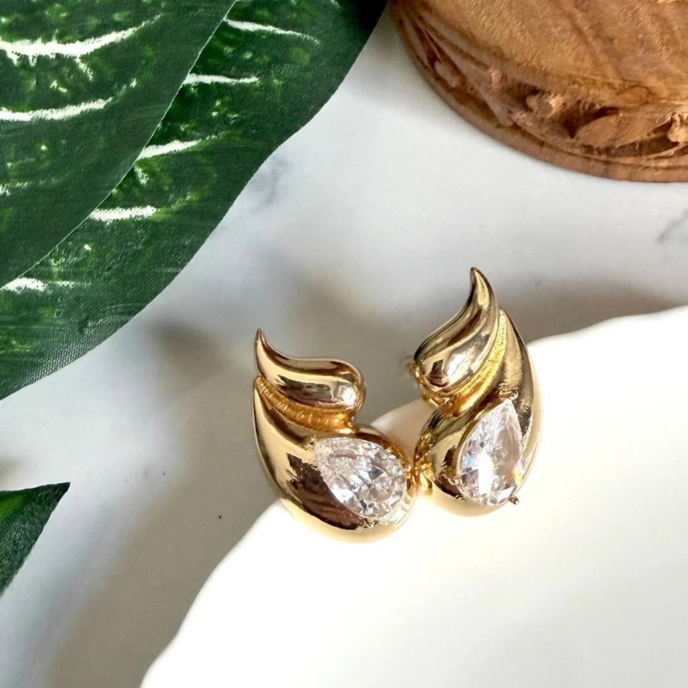 2/$30🌵 Gold Double Flame Teardrop Crystal Stone Earrings Studs Jewelry Gift NEW